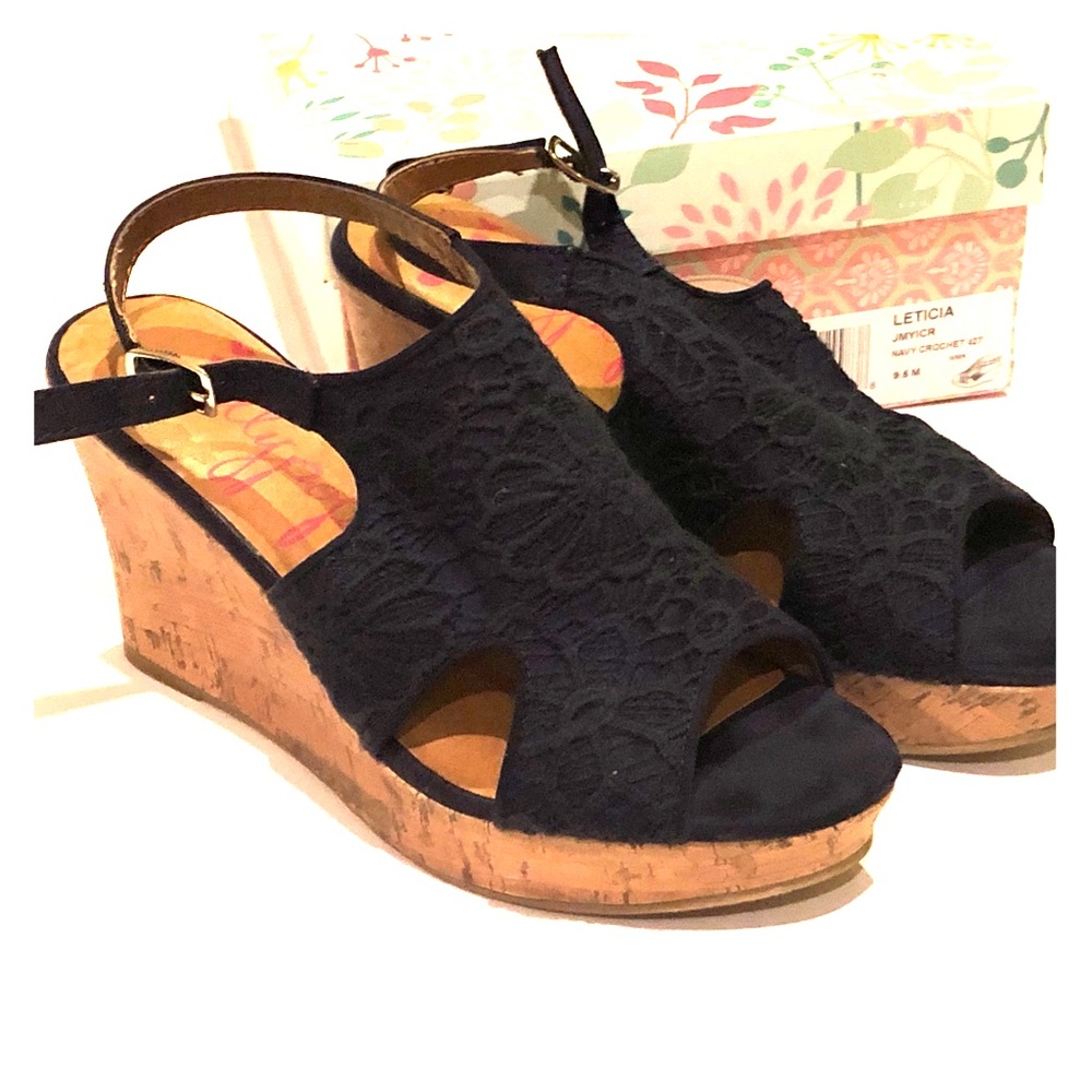 Jellypop Leticia Navy Crochet Cork-Sole Wedges